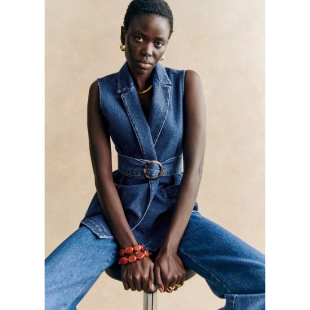Sezane Sleeveless Belted Jean Vest in Classic Denim Blue